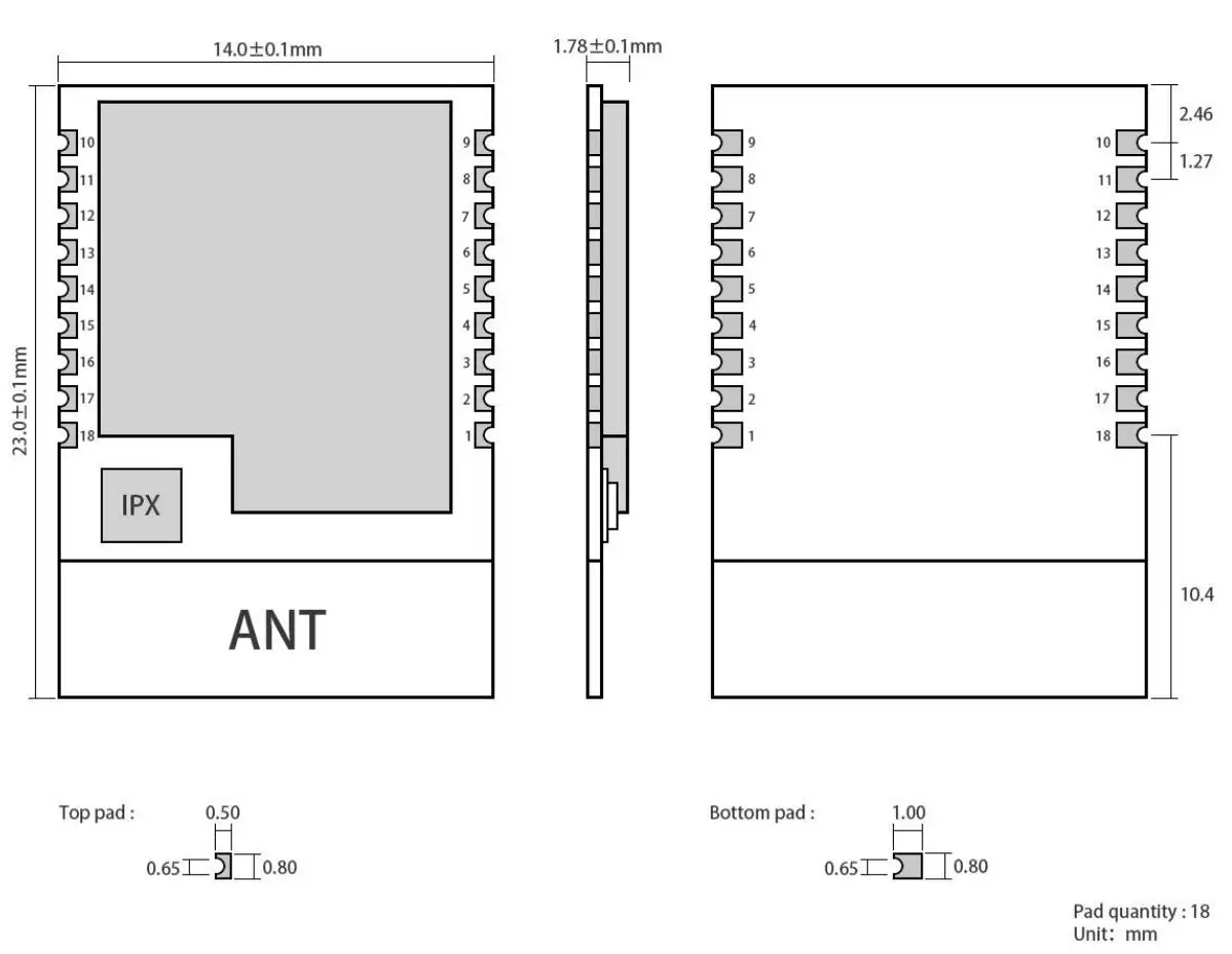 EBYTE E72-2G4M02S2B CC2640 2.4GHz BLE4.1 SMD Wireless Module User Manual - Size and pin definition
