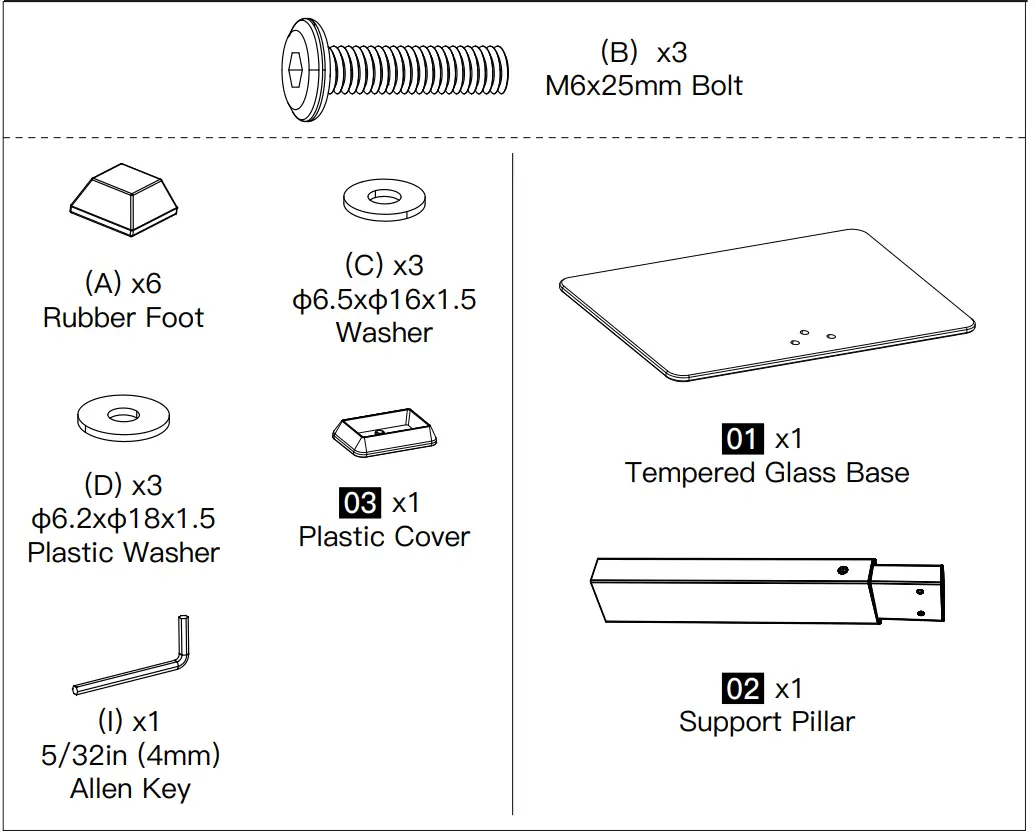 Supplied Parts and Hardware for Step 1