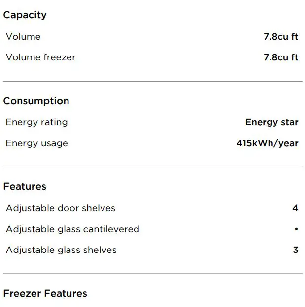 FISHER PAYKEL RS1884FLJ1 18 Inch Ice Integrated Column Freezer User Guide - SPECIFICATIONS