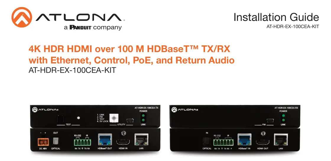 ATLONA AT-HDR-EX-100CEA-KIT 4K HDR HDMI over 100 M HDBaseT TX RX with Ethernet Installation Guide