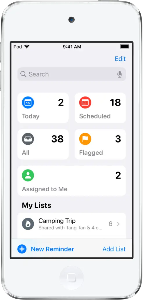 A screen showing several lists in Reminders. Smart lists appear at the top for reminders due today, scheduled reminders, all reminders, and flagged reminders. The Add List button is at the bottom right.