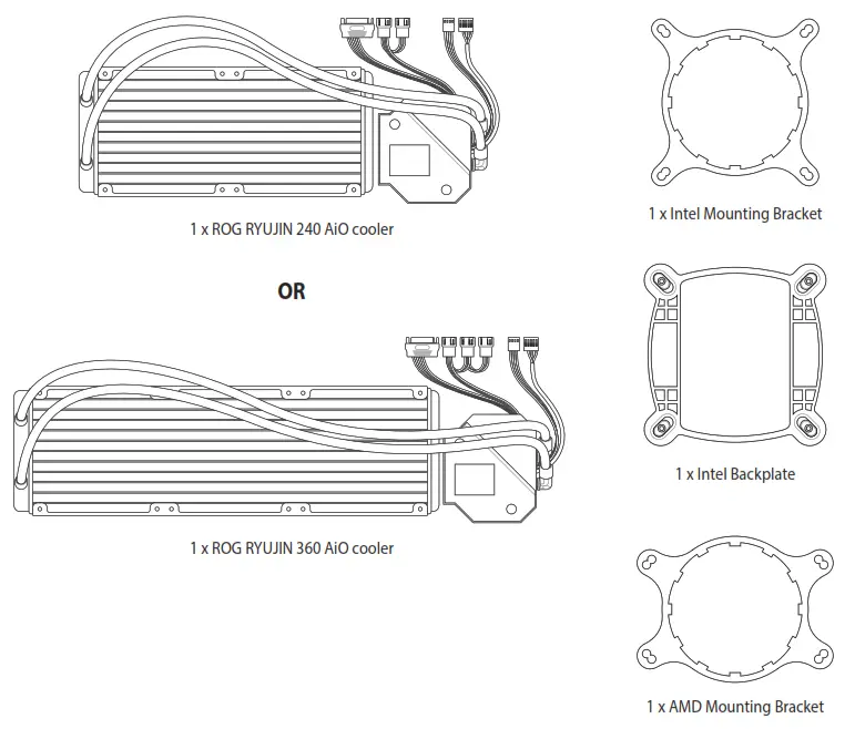 ASUS 90RC0030 M0UAY0 ROG Ryujin 240 All in One Liquid CPU Cooler - Package contents 1