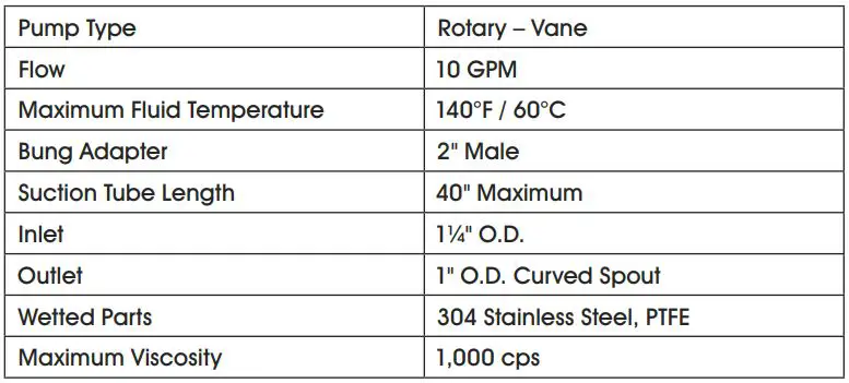 ULINE H-5647 Stainless Steel Rotary Drum Pump User Guide - Specifications