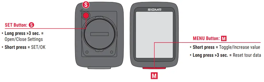 BC 10.0 WR Wired Sigma Sport Bike Computer - BUTTON OVERVIEW