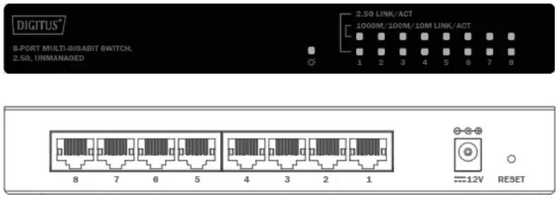 DIGITUS DN-80230 8-Port Multi-Gigabit Switch -. Front and Back Panels