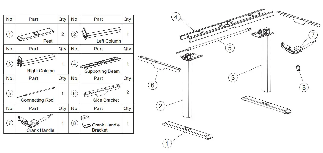 euroseats BUR.SLI Crank adjustable sit-stand frame 75 Installation Guide - Component list