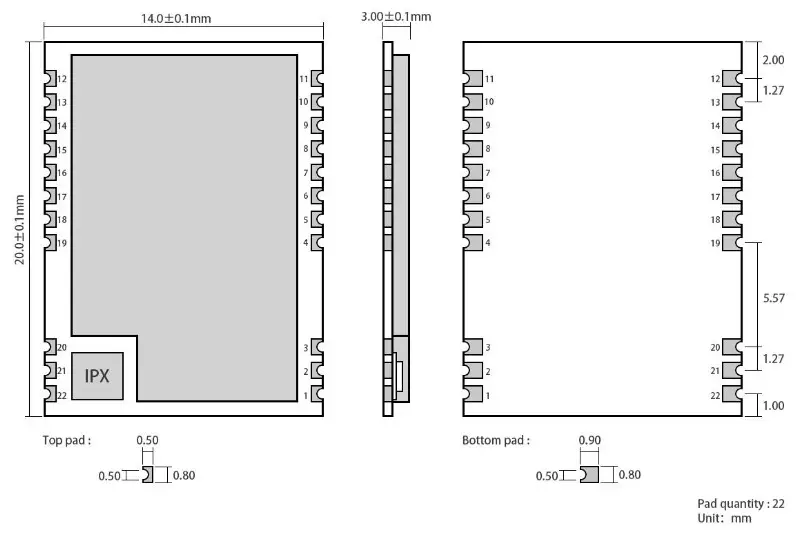 EBYTE E22 900M22S SX1262 868 915MHz SPI SMD LoRa Module- Size and pin definition