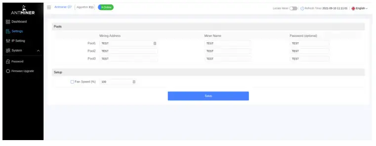 BITMAIN D7 1286GH S Antminer Server- setting page
