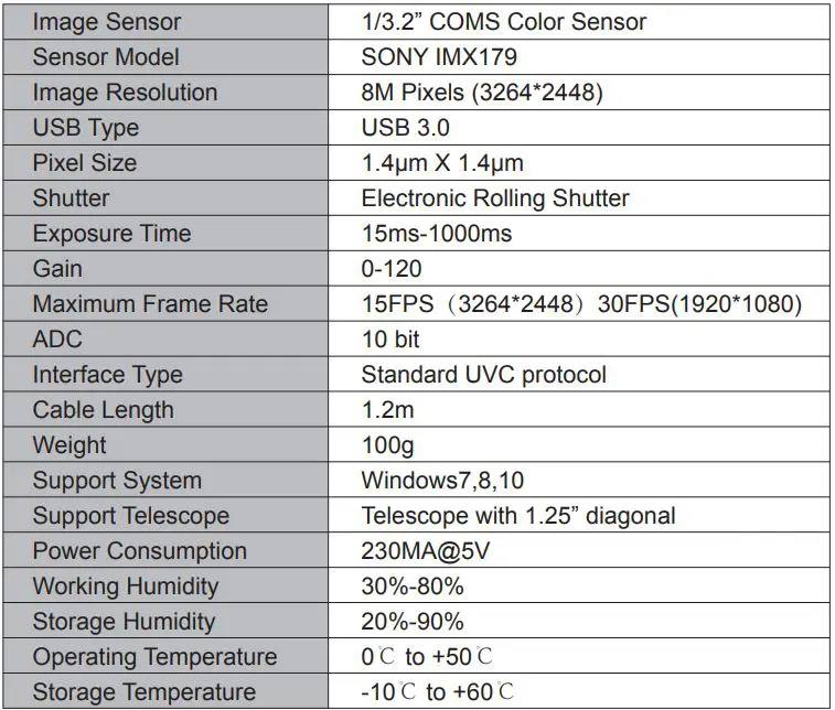 SVBONY Electronic Eyepiece Telescope Camera User Manual - Specifications