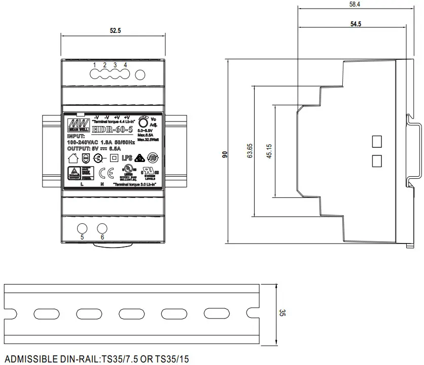 MEAN WELL HDR 60 Series 60W DIN R Ultra Slim Step Shape Rail - Mechanical Specification