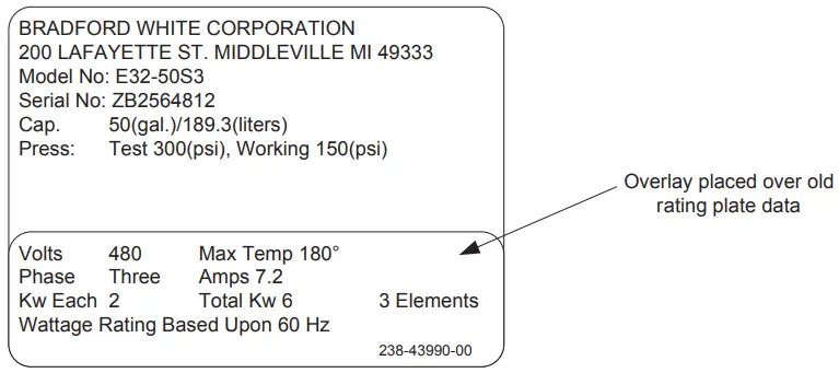 BRADFORD WHITE Medium Duty E32 Series Commercial Electric Water Heaters - rating plate data