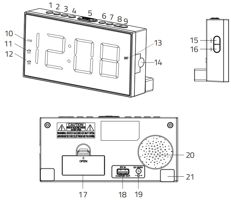 ROCAM CR01001E Digital Clock for Bedroom - LOCATION OF CONTROLS