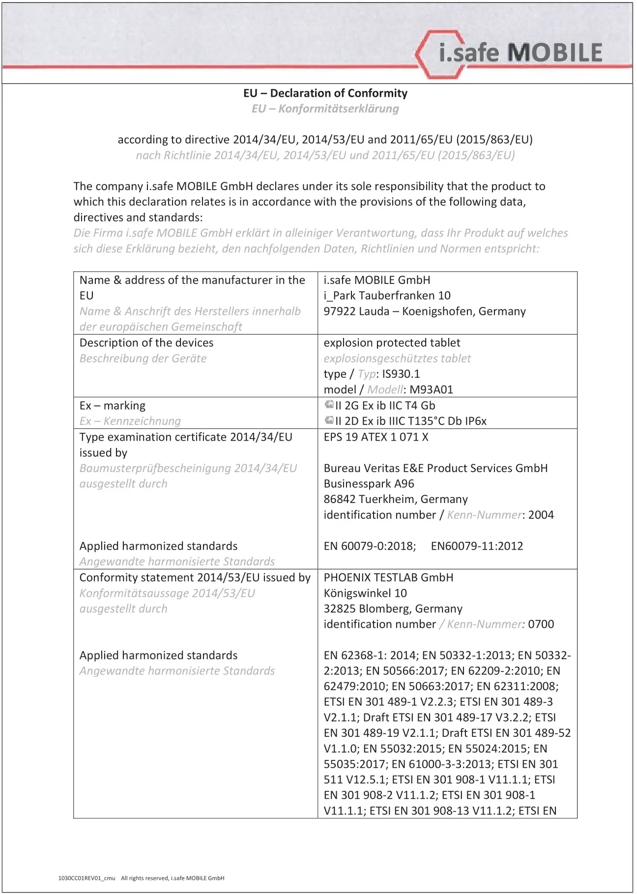 i Safe MOBILE M93A01 Tablet - EU-DECLARATION OF CONFORMITY