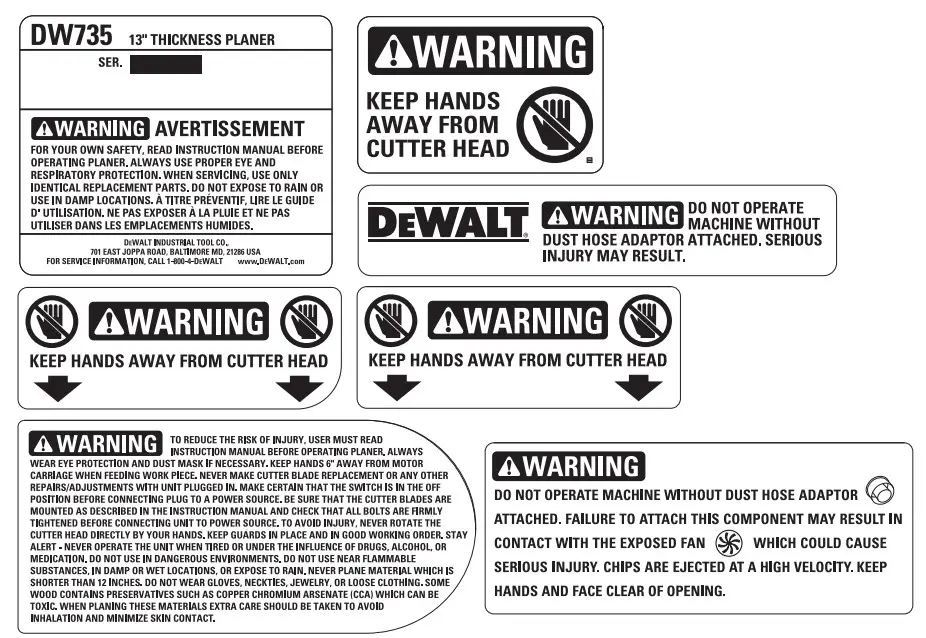 DEWALT DW735 13 Inch Heavy-Duty Portable Thickness Planer - WARNING LABEL