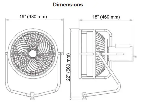 WLDSFXPROFAN Professional Variable Speed Fan - Dimensions