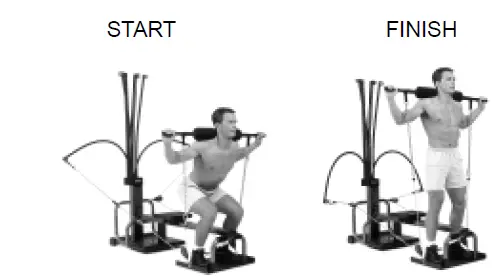 THE SQUAT Getting started: Use Expansion Chain to adjust cable length so that you are at a 90 degree angle with the floor. Place Padded Bar on shoulders as pictured. Action: While keeping your back straight, move to a standing position. Do not lock your knees out. Key points: Keep knees pointed forward. Keep head up. Never attempt to exercise with more resistance than you are physically able to handle. And be sure to properly place the bar in a secure location on your shoulders.