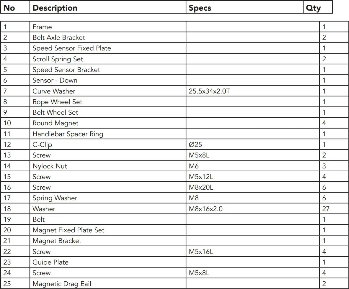 TUNTURI Platinum PRO Upright Bike User Manual - Part List
