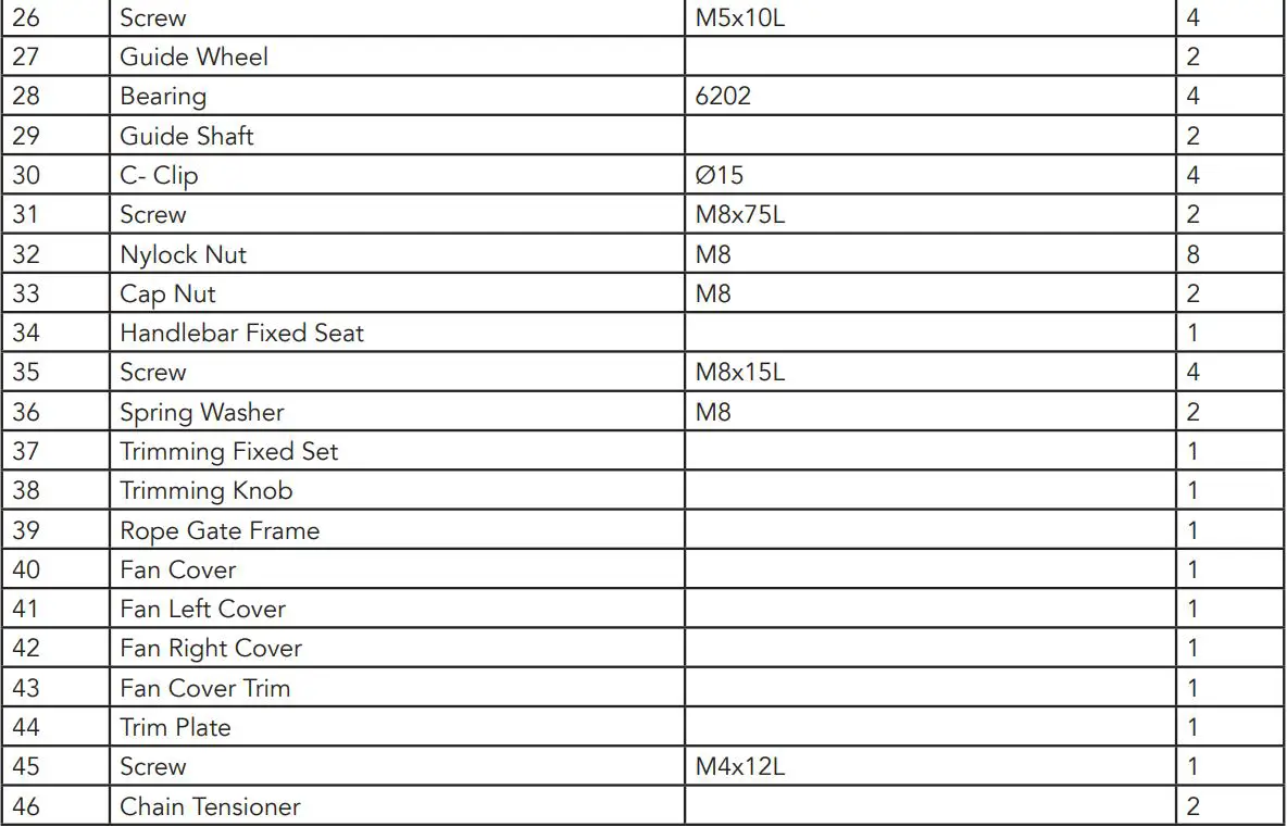 TUNTURI Platinum PRO Upright Bike User Manual - Part List