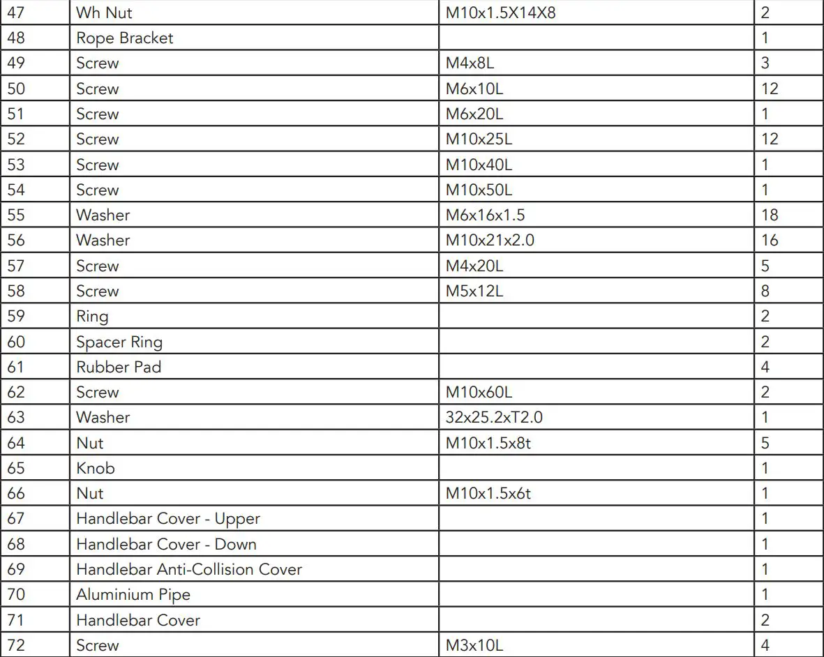 TUNTURI Platinum PRO Upright Bike User Manual - Part List