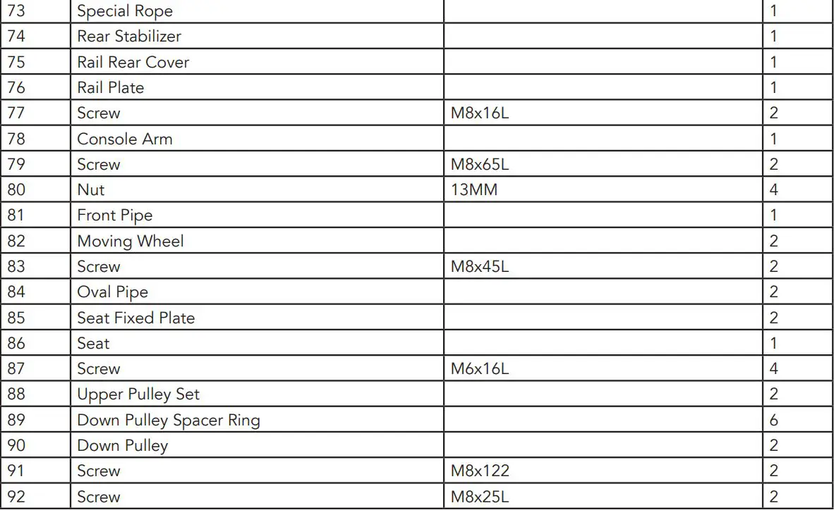 TUNTURI Platinum PRO Upright Bike User Manual - Part List