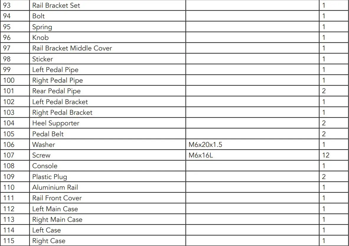 TUNTURI Platinum PRO Upright Bike User Manual - Part List