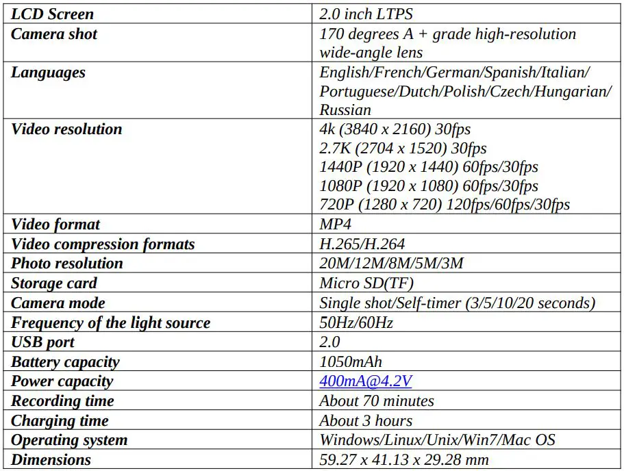 HRVATSKI AGFA Camera Sport WIFI AC9000 Instructions - SPECIFICATIONS
