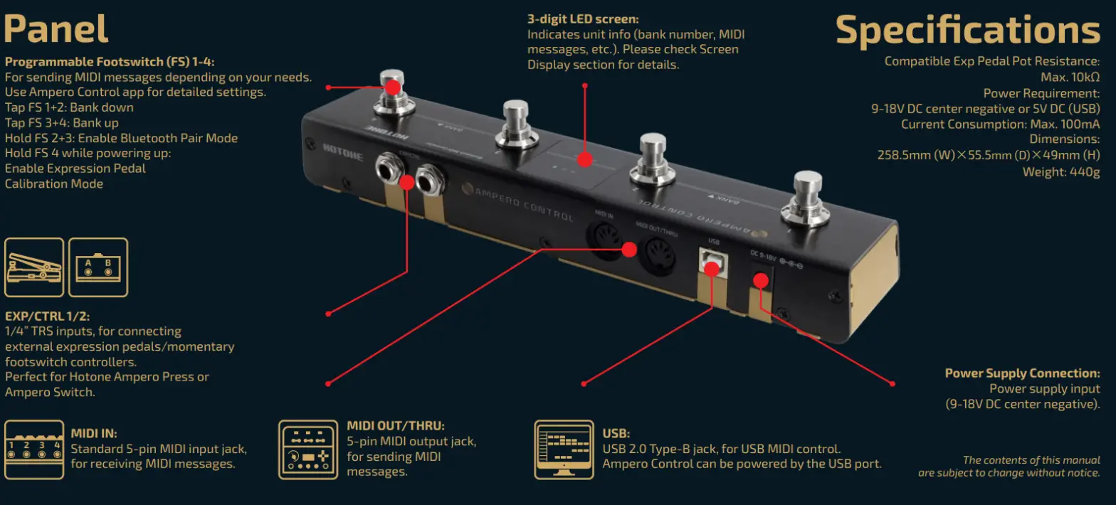 HOTONE MIDI Foot Controller Pedal Bluetooth Ampero Control 4 Button-panel