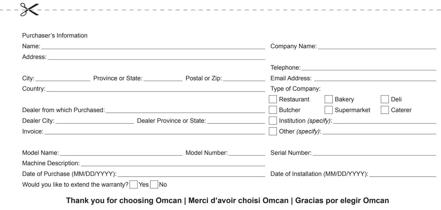 OMCAN MG-IT-0012-C Meat Grinders Instruction Manual - Purchaser’s Information