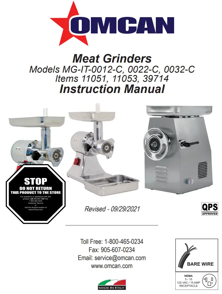 OMCAN MG-IT-0012-C Meat Grinders Instruction Manual