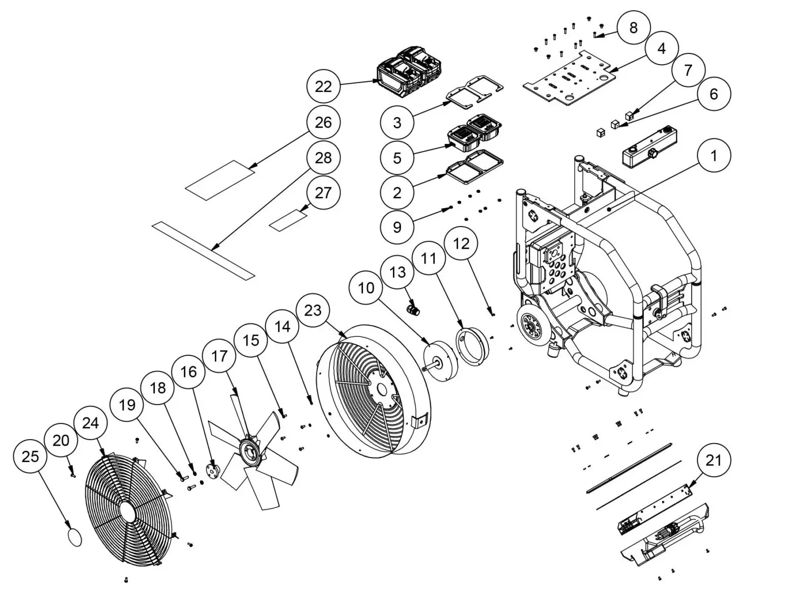 SUPER VAC V16-BL-WH Super Battery Powered Fans - Fan Exploded View