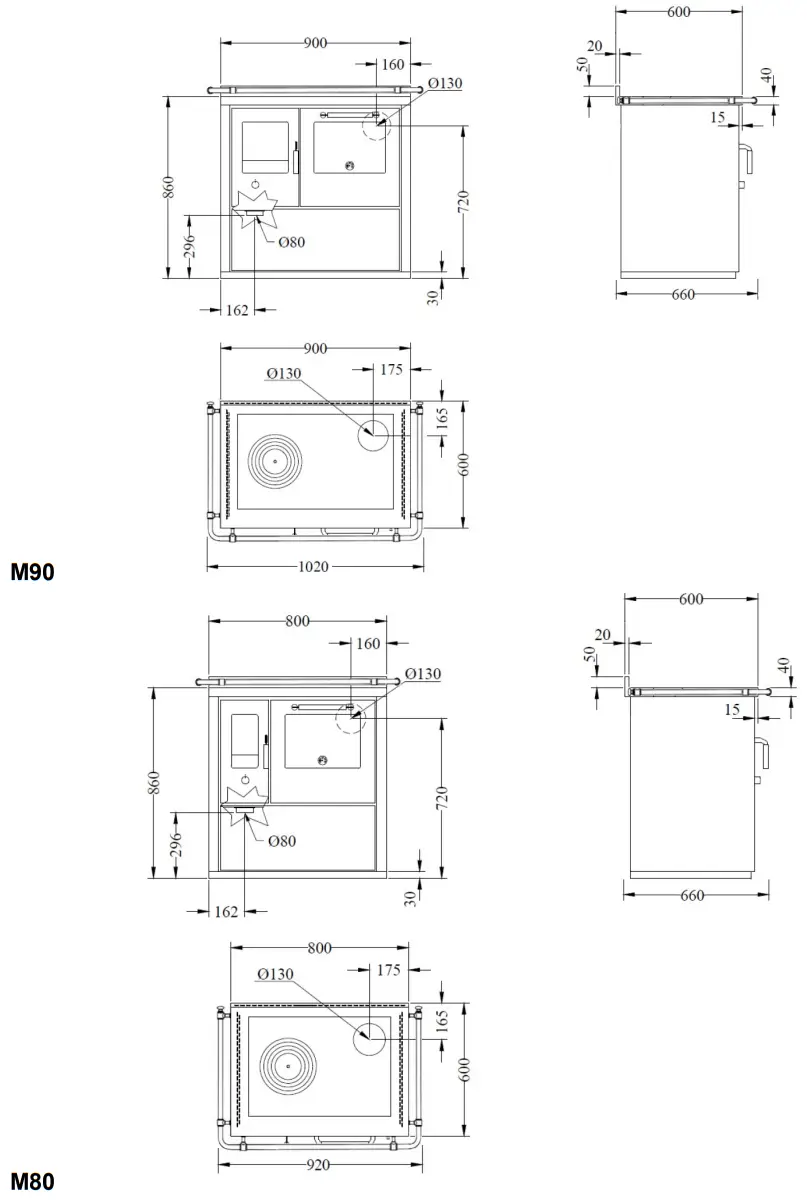 WAMSLER M 80 Wood Stove - Dimensions