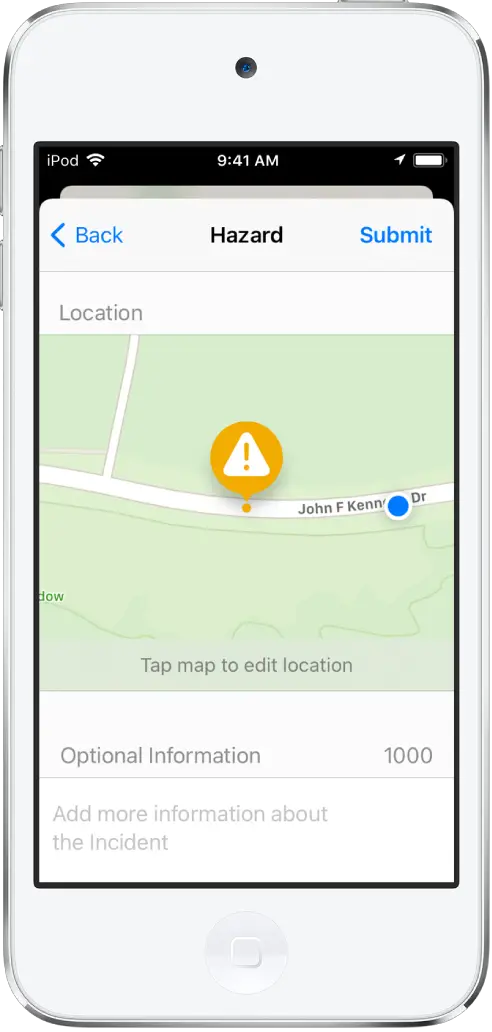 A report of a road hazard with the Submit button at the top right.