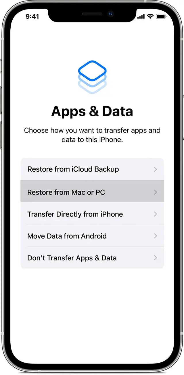 An iPhone showing the Apps & Data screen with "Restore from Mac or PC" selected.