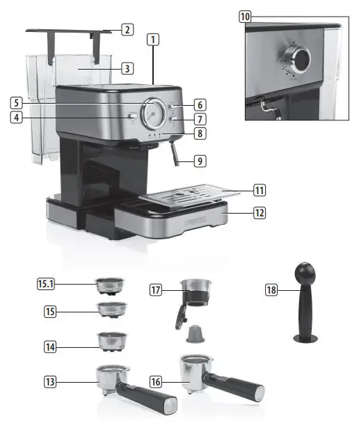 PRINCESS 01.249415.01.001 Espresso Machine Instruction Manual - PARTS DESCRIPTION
