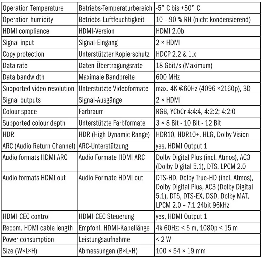FeinTech VSP01222 HDMI 2.0 ARC CEC Pass Splitter 2×2 Instruction Manual - Specification