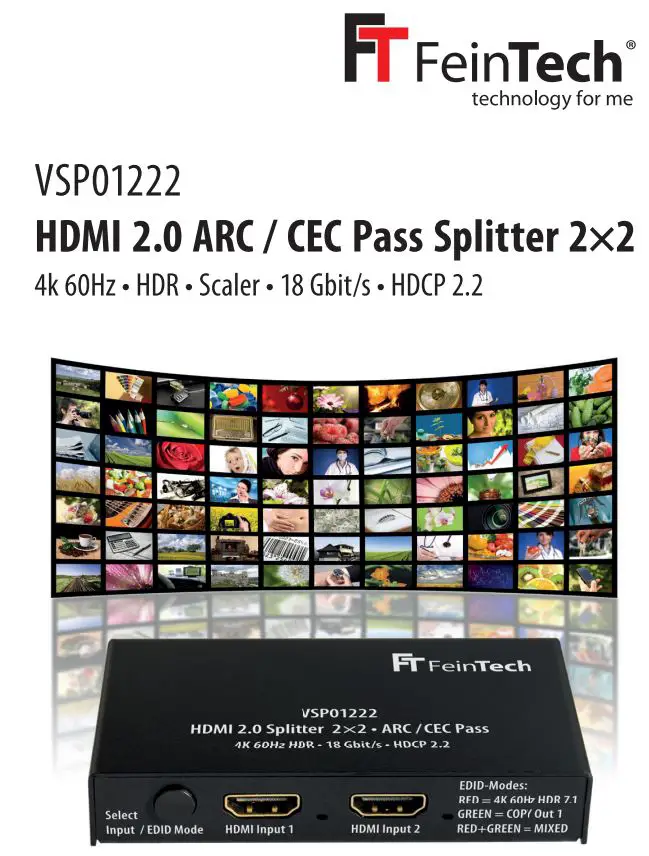FeinTech VSP01222 HDMI 2.0 ARC CEC Pass Splitter 2×2 Instruction Manual