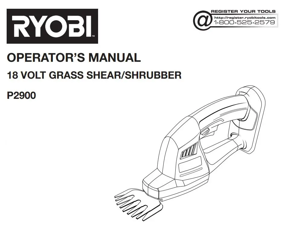 RYOBI 18 Volt Grass Shear Shrubber P2900 Instruction Manual