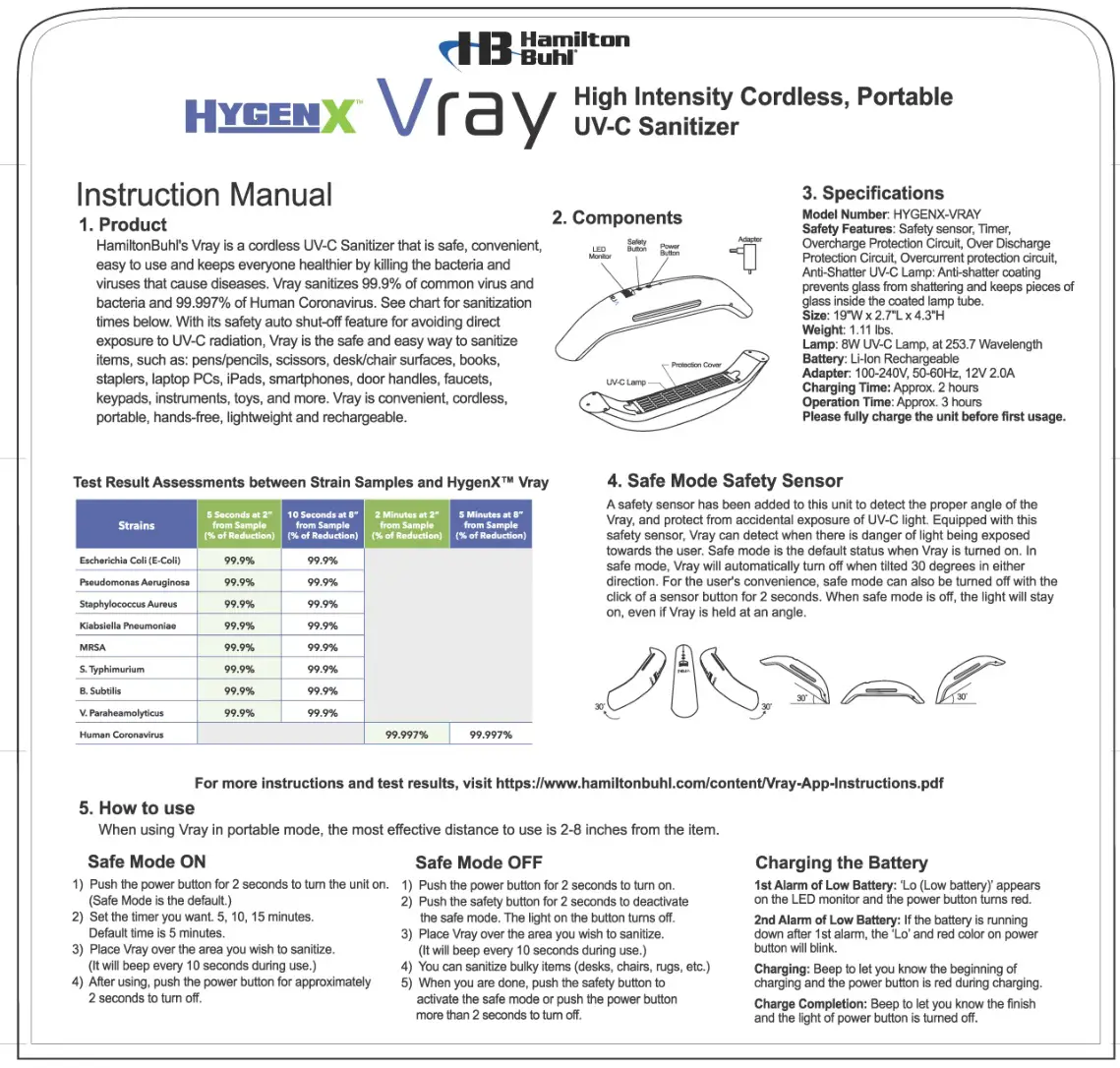HYGENX High Intensity Cordless Portable UV-C Sanitizer Instruction Manual 1