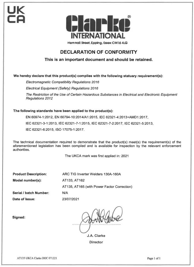 DECLARATION OF CONFORMITY