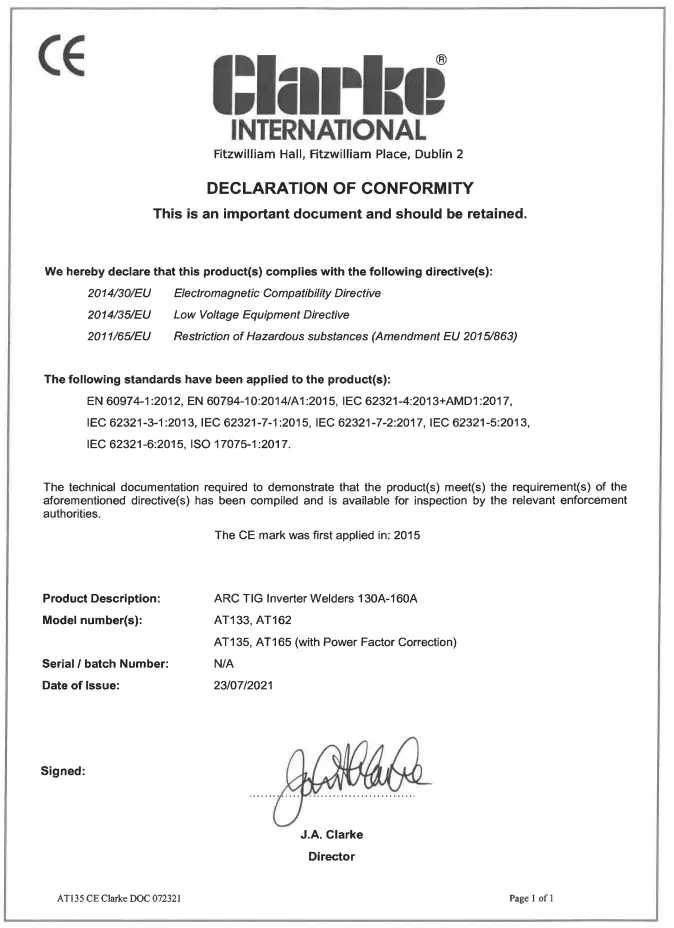 DECLARATION OF CONFORMITY