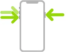 An illustration of iPhone with arrows pointing to the side button on the upper right and the volume up and volume down buttons on the upper left.