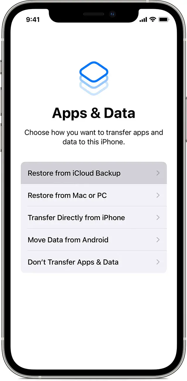 iPhone showing the Apps & Data screen with "Restore from iCloud Backup" selected.
