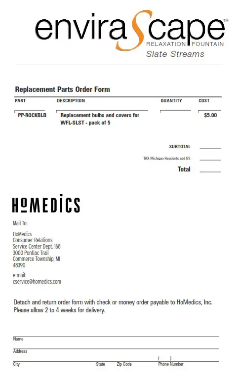 Replacement Parts Order Form