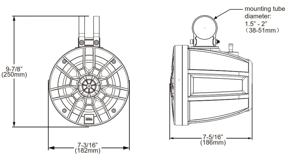 BOSS B6RGB 6.5 Inch 165mm 2 Way Amplified MarinePowersports Roll CageWaketower Speaker Pods - System dimensions