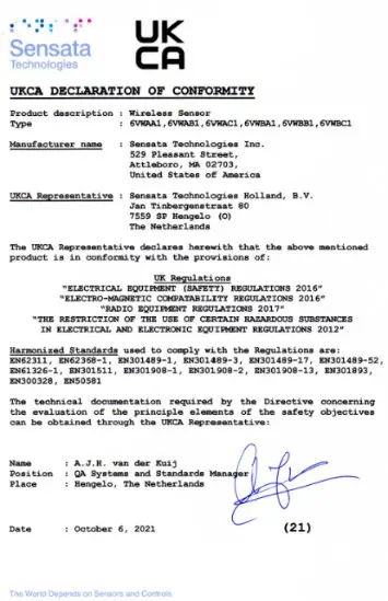 Sensata 6VW Series Wireless Sensor - Declarations of Conformity