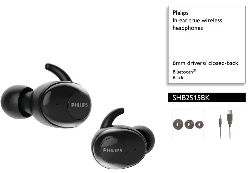 PHILIPS SHB2515BK In-Ear True Wireless Headphones Instructions