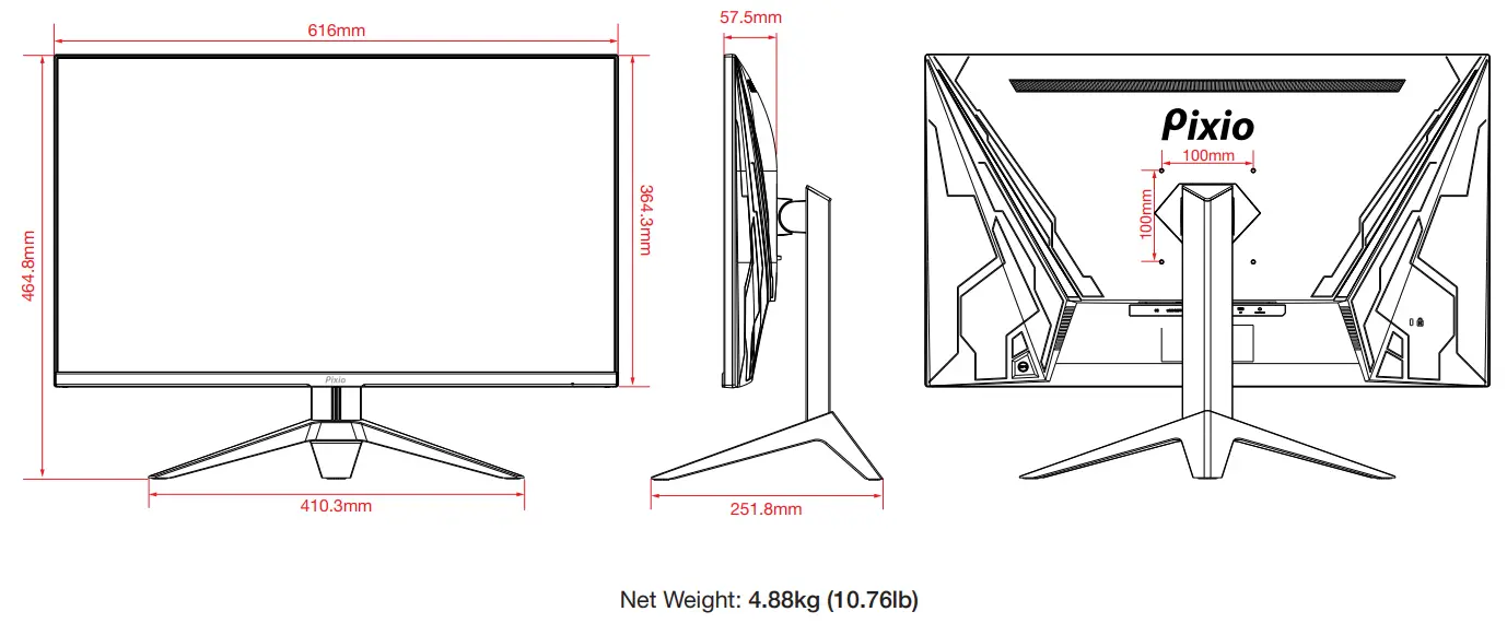 pixio PX279 Prime 27 inch 1080p 240Hz 1ms G2G HDR Gaming Monitor - Dimension