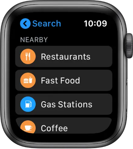 The Maps app showing a list of categories: Restaurants, Fast Food, Gas Stations, Coffee, and more.