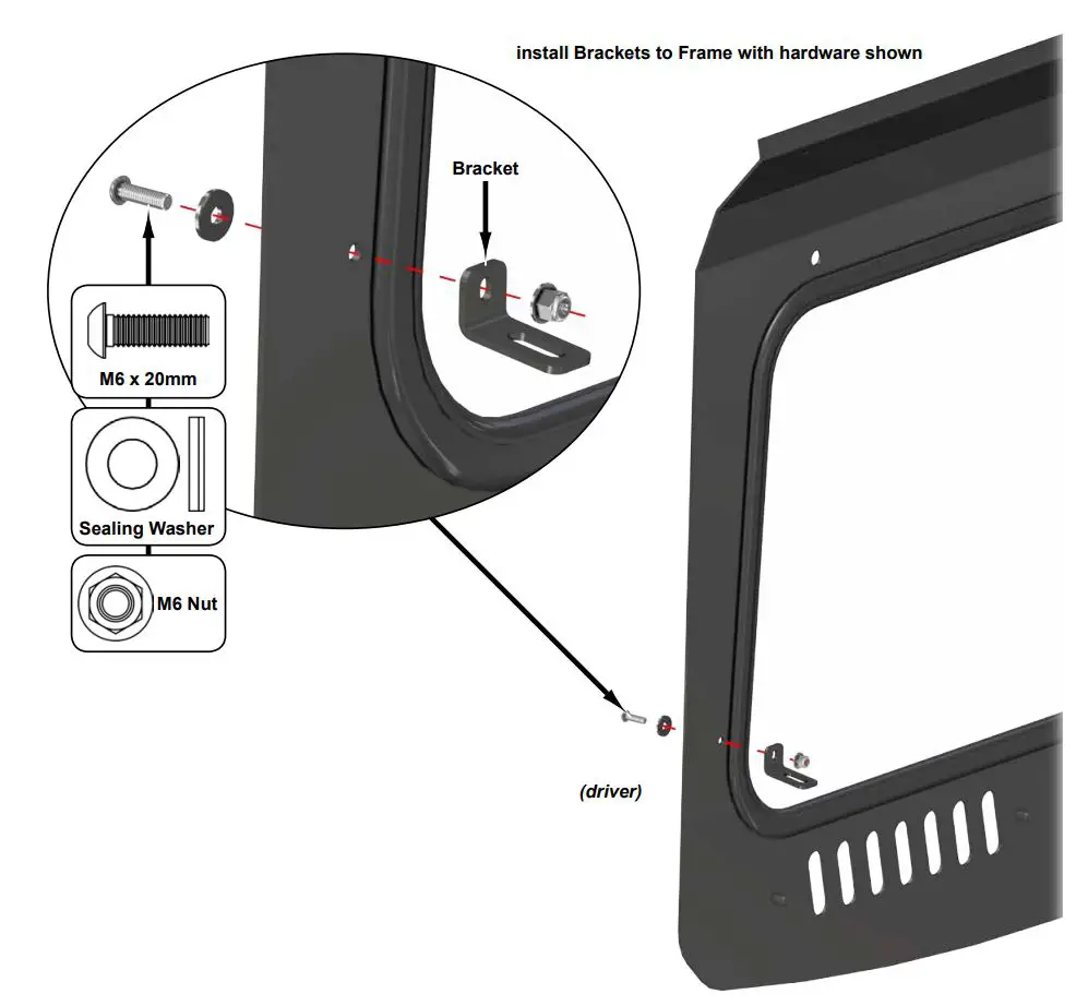 SUPERATV Glass Windshield for Can Am Maverick Trail Instruction Manual - install Brackets to Frame with hardware shown