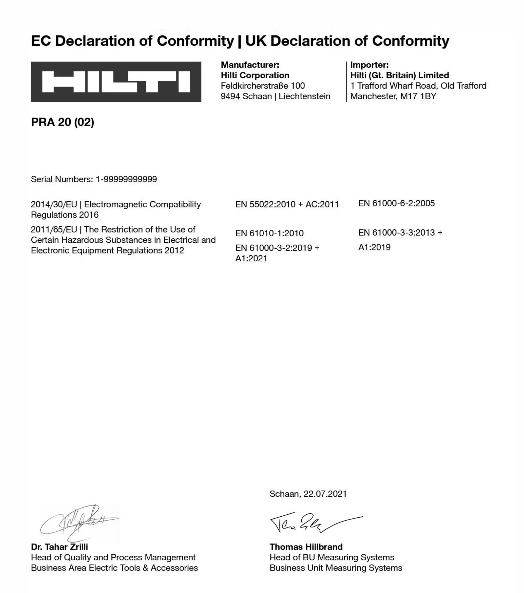 HILTI PRA 20 Laser Receiver - contact info